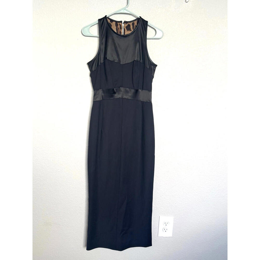 Dolce & Gabbana Black Sheath Dress 42 Midi Sleeveless Satin Panel Leopard Lining - Picture 2 of 15